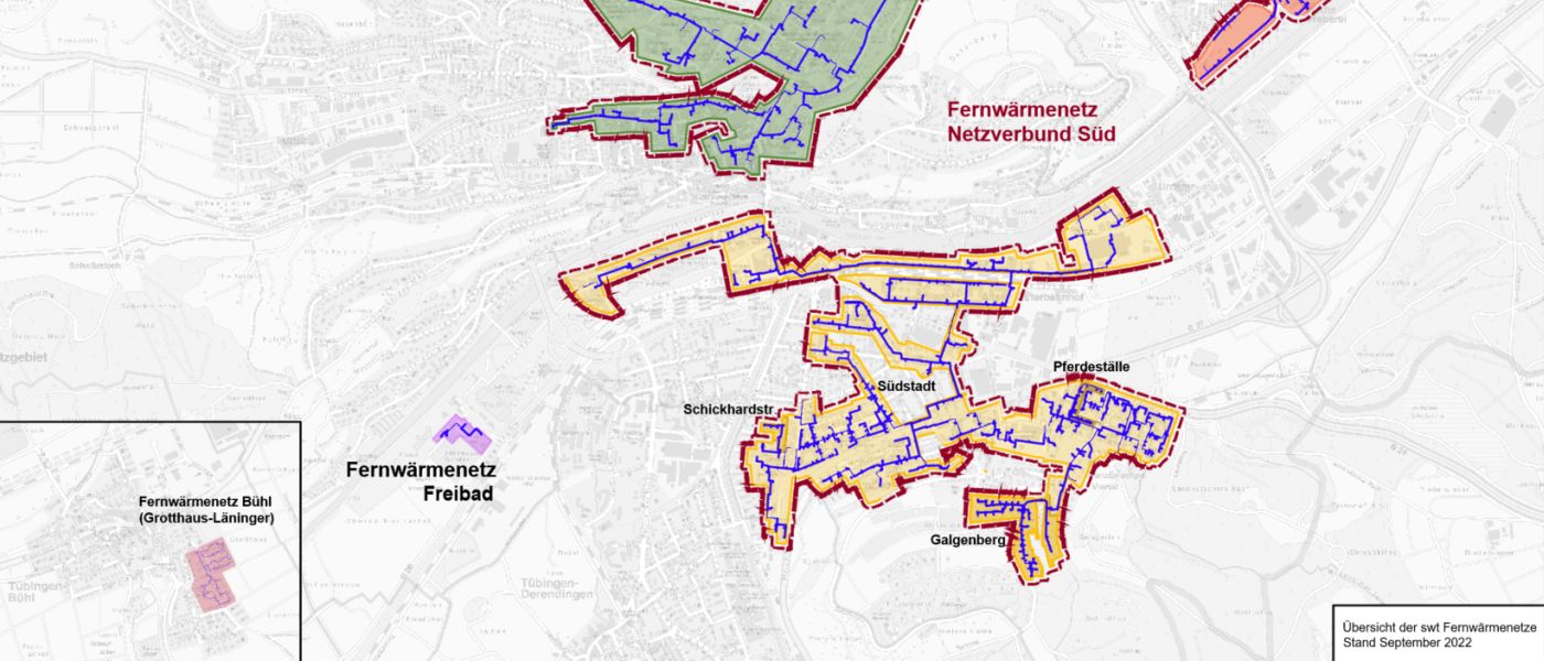 Fernwärmenetzkarte Tübingen für den kommunalen Wärmeplan